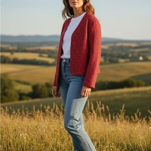 CHICO’s Design Red Paisley Print Silk Woven Jacket Boho Spring Women’s 0/Small